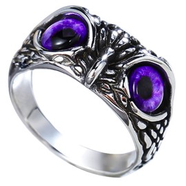 AZYOUNG Unisex 316L Stainless Steel Relief Surface Vintage Blue Eyed Owl Ring,Size 6-10 (Purple, 9)