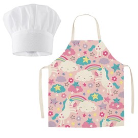 Children's Apron Set, Unicorn Pattern Cooking Apron Children, Adjustable Children's Apron Cartoon, Comes with Work Hat, Aprons for Children Crafts, Painting, Baking, Cooking