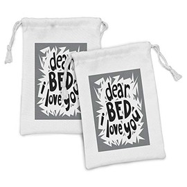 Ambesonne Saying Fabric Pouch Set of 2, World Sleep Day Concept Dear Bed I Love You Text Funny Lettering, Small Drawstring Bag for Toiletries Masks and Favors, 9" x 6", Taupe Grey Black