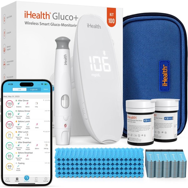 iHealth Gluco+ Wireless Smart Blood Glucose Monitor Kit with Free App, 100 Glucometer Strips, 100 Lancets, 1 Blood Sugar Monitor, 1 Lancing Device, Portable Diabetes Testing Kit for Home Use