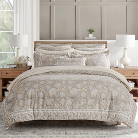 Levtex Home - Adare Taupe Comforter Set - King Comforter + Two King Pillow Cases - Bordered Floral - Taupe Grey and Cream - Comforter (106 x 94in.) and Pillow Case (36 x 20in.) - Cotton