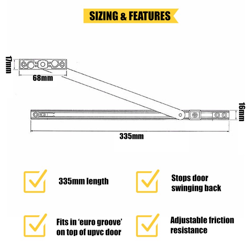 Home Secure™ uPVC Door Restrictor Stay. 335mm For uPVC, Aluminium,