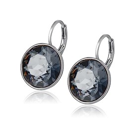 XUPING Round Crystal Leverback Earrings Sparkling Elegant Birthstone Dangle Earrings 18K Platinum Plated Delicate Jewelry Gifts for Women Girls Party（SILVER BLACK）