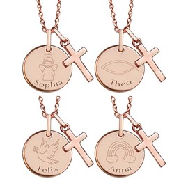 Taufkette mit Kreuz | Personalisierte Kette f√ºr M√§dchen Jungen Baby Kinder mit Gravur Namen Rosegold (Silber 925 vergoldet) | Geschenk Taufe Kommunion Taufgeschenk Patenkind | Kinderkette Kreuzkette