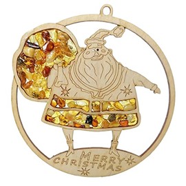 Window Picture Suncatcher Amber in Birch Wood "Santa Claus" Diameter 11 cm Includes Gift Box
