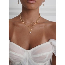 Coshilta Gold Layered Necklaces for Women, Dainty Pearl Pendant Necklace, Stackable Dainty 14K Gold Plated Trendy Chain Necklace, Jewelry Set Gifts for Women