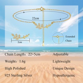 Bewenda Anklets for Women 925 Sterling Silver Ankle Bracelets, Classic Anklet with Branch Leaf, Summer Beach Barefoot Ankle Chain, Flexible Fit Foot Chain Adjustable 22+5cm Girls Jewellery- Gold
