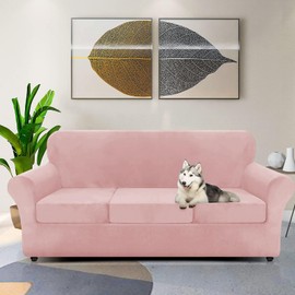 ZNSAYOTX Luxury Velvet Couch Cover 4 Piece Stretch Oversized Sofa Covers for 3 Cushion Couch Thick Soft Large Sofa Slipcover Anti Slip Dogs Pet Furniture Protector (Rose),91"-110"(3 Cushions)