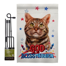 Breeze Decor Patriotic American Short Hair Garden Flag Set with Stand Animals Cat Kitten Meow Spoiled Paw Fur Pet Nature Farm Animal Creature Small Gift Yard House Banner Made in USA 13 X 18.5