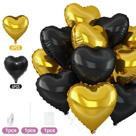 VGRDTW Heart Balloons, 12Pcs Black & Gold Heart Shaped Foil Balloons, 18Inch Aluminium Film with Ribbons for Wedding Birthday School Family Party Decorations (Kids, Party Organizer)
