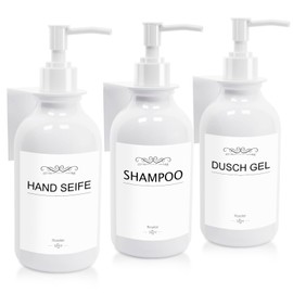Roselee Soap Dispenser Wall Mounting Set, Soap Dispenser Shower No Drilling 500 ml Soap Dispenser Wall Mounted White Shampoo Dispenser with Funnel and Waterproof Labels for Kitchen Bathroom