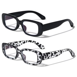 V.W.E. 2 Pairs Sleek Bold Women Anti Blue Light UV Blocker Reading Glasses Rectangular Reader (1 Black 1 Grey Leopard, 2.00, diopters)