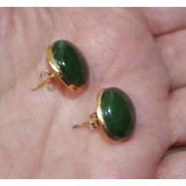 Vintage Green Jadeite Jade Round Dome 15 MM Stud Earrings 14K Gold Filled Bezel Set