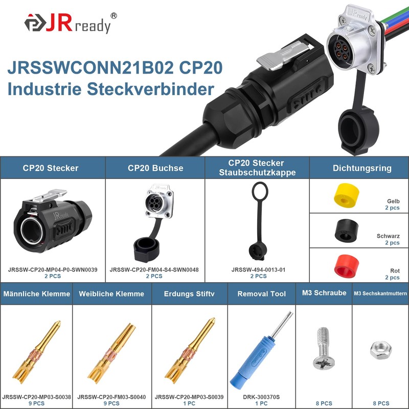 JRready JRSSWCONN CP20 4-Pin Industrial Waterproof Connector 2 Set IP68