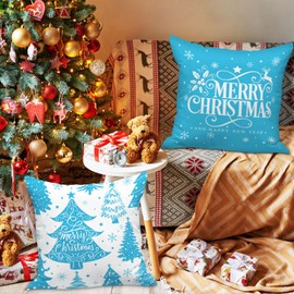 Lanpn Pack of 4 White and Blue Cushion Covers Christmas Cushion Cover 40 x 40 cm, Winter Snowflakes Decorative Christmas Cushions for Christmas Decoration Christmas Bed Linen Sofa Decorations (Light