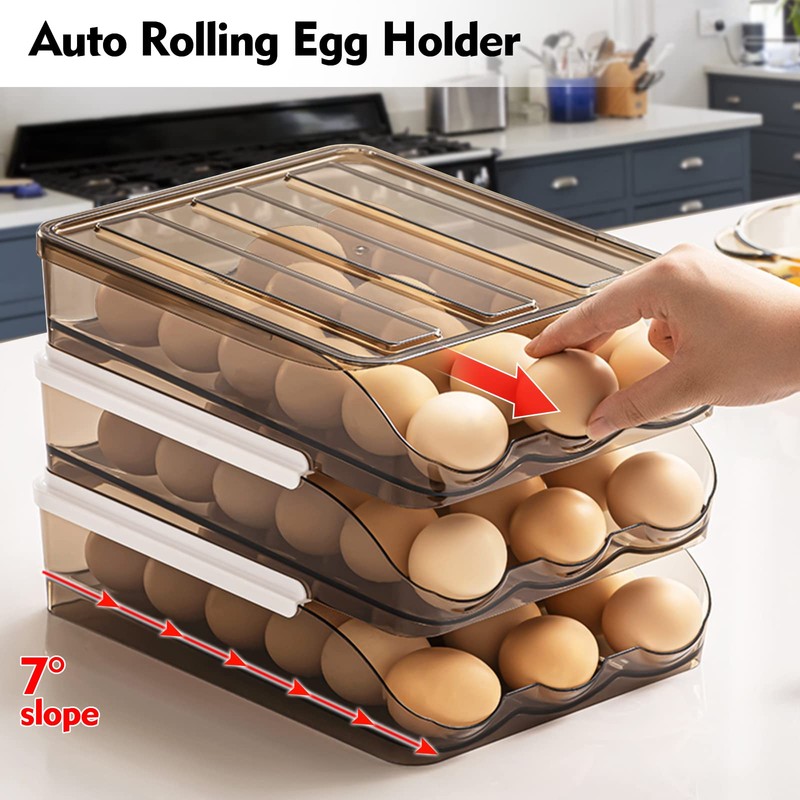 Lunmore Large Capacity Egg Holder for Refrigerator, Auto Rolling Egg