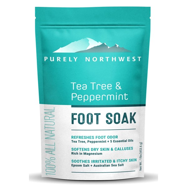 PURELY NORTHWEST-Tea Tree Oil & Peppermint Foot Soak with Epsom Salt-for Stubborn Foot Odor, Athletes Foot Burning & Itching, Damaged Discolored Nails-A Natural Callus Remover 16 Ounces