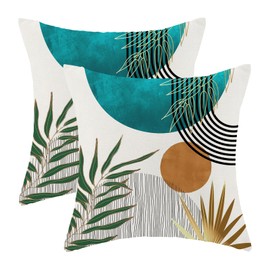 Boho Pillow Covers 18x18 Inch 2 Pcs,Aqua Teal Green Gold Tropical Leaf Summer Outdoor Decorative Throw Pillows,Mid Century Abstract Farmhouse Decor Pillowcase Linen Cushion Cover for Couch Sofa