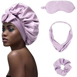 Single Layer Summer Cool Satin Bonnet Eye Mask Hairband and Hair Ring 4-piece suit Silk Like Texture Sleeping Cap for Men Women Adjustable Bonnets with Tie Band - Color: 4-piece suit Pink