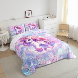 Unicorn Comforter Set Queen Size,Kawaii Pink Blue Unicorn Bedding Set for Girls Bedroom Decoration,Rainbow Glitter Galaxy Bed Duvet Insert,Watercolor Love Pattern Comforter with 2 Pillowcases