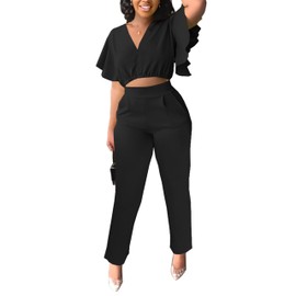 Fooullaide Women's Two Piece Outfit Jogger Sweatsuit Crop Top Butterfly Sleeve Matching Set Sexy Brunch Vacation 2pc Sets