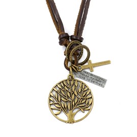 Hifunny Tree of Life Pendant Necklace Leather Cross Circle Pendant Leather Cord for Women Men Adjustable Tree of Life Leather Cord Pendant Jewelry(Brown)