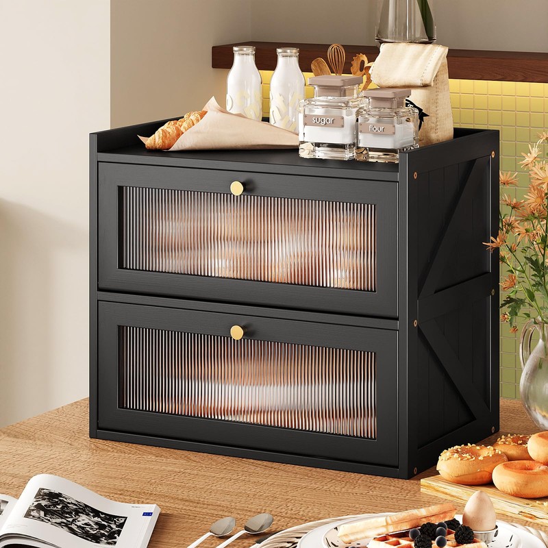 Trironsun Farmhouse Double Layer Black Bread Box with Acrylic Door
