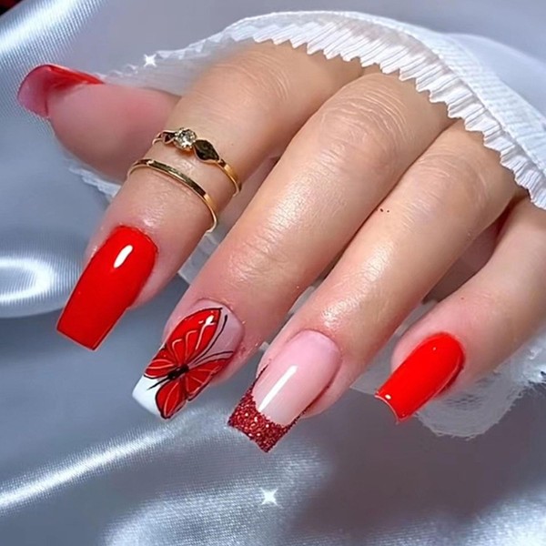Red Coffin Press on Nails Medium Fake Nails Butterfly Glue
