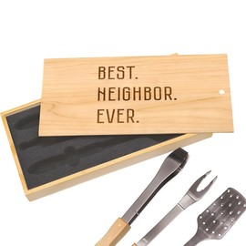 BEST. NEIGHBOR. EVER. Bold Font BBQ Tool Set: Premium Stainless Steel Spatula, Tongs & Fork, Perfect Gift for Neighbors, Custom Box with Straightforward and Appreciative Message
