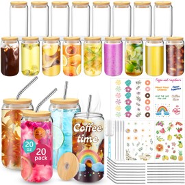 BGraceyy 20 oz 20 Pack Glass Cups with Lids and Straws, Reusable Beer Can Design Drinking Glasses with Bamboo Lids and Metal Straws, Cute Aesthetic Glass Coffee Cups with Lids for Iced ＆ Hot Drinks