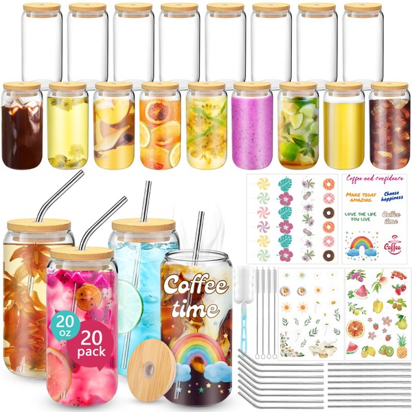BGraceyy 20 oz 20 Pack Glass Cups with Lids and