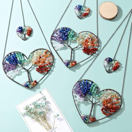 JSDDE Tree of Life Decoration Heart Shape Wire Wrap Tree of Life Wall Hanging Healing Stones Lucky Charm Hanger Window Decoration for Home Room Wedding (7 Chakra)