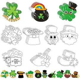 St. Patrick's Day Coloring Arts Crafts Kits - 30Pcs Color Your Own Shamrock Magnets for Kids Lucky Clover DIY Coloring Magnets for Irish Holiday Party Fridge Refrigerator School Activities Decors