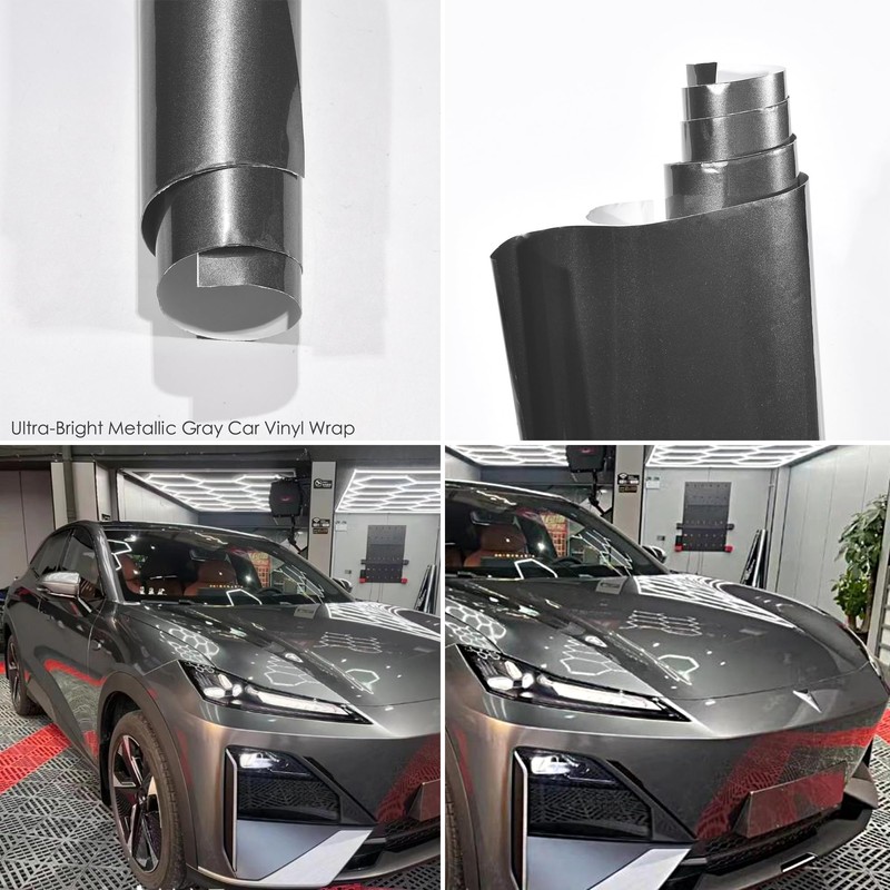 AuMoHall High Glossy Metallic Gray Car Vinyl Wrap Bright Pearlescent