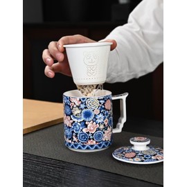 DEKNBE Ceramic Tea Cup with Infuser Basket and Lid, Steeps 13 oz(390ml) Loose Leaf Tea, Lid and Cup Dishwasher & Microwave Safe (blue)