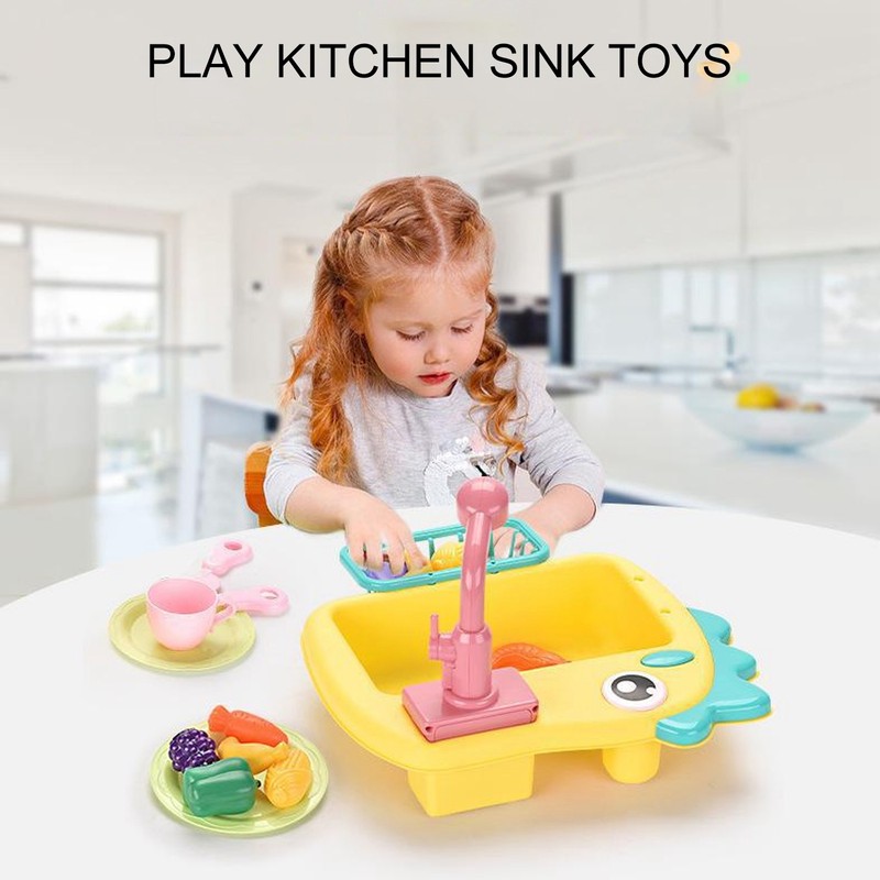 2 in 1 Play Kitchen Sink Toys with Running Water