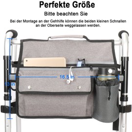 Wheelchair Organizer Storage Bag, Double Sided Armrest Bag with Cup Holder and Reflective Stripes for Wheelchairs and Walkers (Grey)