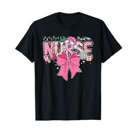 Coquette Nurse Christmas Nursing Pink Tone Bow Xmas Icons T-Shirt