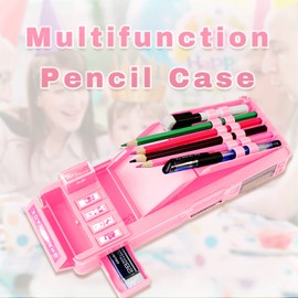 Ristpal Pop Up Multifunctional Pencil Case for Boys and Girls, Cute Cartoon Pattern Pencil Case with Pencil Sharpener, Whiteboard, Best Birthday Gift, pink, Plastic pencil box