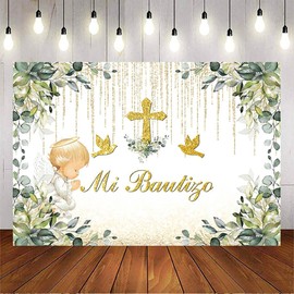 Avezano Mi Bautizo Backdrop Greenery Baptism Party Decorations Sage Green Eucalyptus and Gold Angel God Bless Photography Background Christening Newborn Baby Shower Banner Props (Green, 7x5ft)