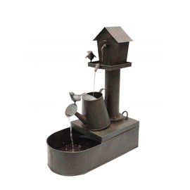 Alpine Corporation MAZ260 Outdoor Floor Metal Birdhouse and Watering Can Fountain, Rustic Metal Garden Fountain 24", Bronze