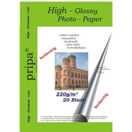 pripa Photo Paper DIN A4 220g/sqm Glossy on Both Sides Dries Immediately Waterproof Very High Photo Brilliance For Inkjet Printers 20 Sheets Brilliant White