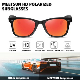 MEETSUN Polarized Sunglasses for Men Classic Retro Sun Glasses for Driving Fishing UV Protection 2 Pack Matte Black Frame Grey Lens + Red Mirrored Lens
