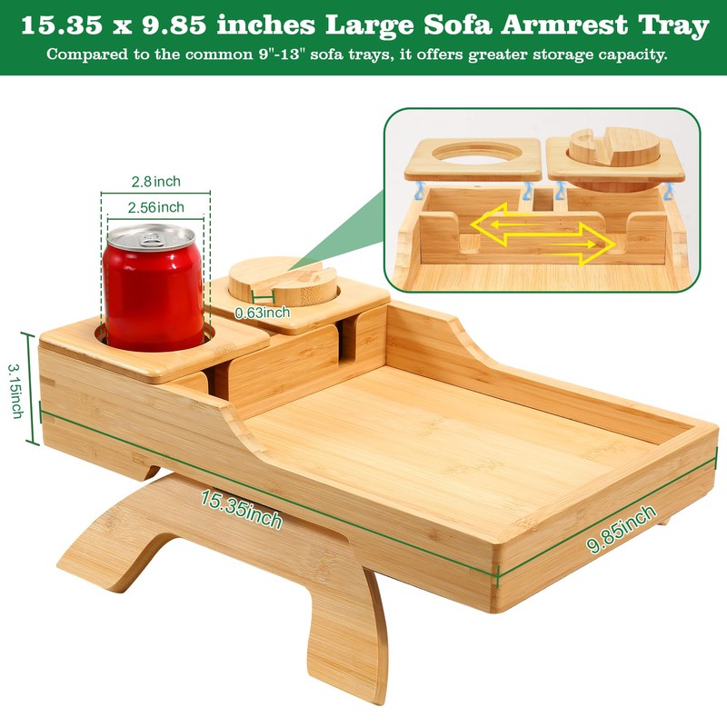 GHKINMAL Bamboo Couch Cup Holder, 4 in 1 Couch Arm