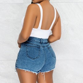 Women's Rhinestone Pearls Tassels Raw Hem Shorts Frayed Ripped Hot Denim Jean Shorts Navy Blue