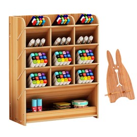 Mnkyer Wooden Desk Organiser, Multifunctional Desktop Stationery Pen Holder Box for Home Office School Supply Storage Shelf (Cherry)
