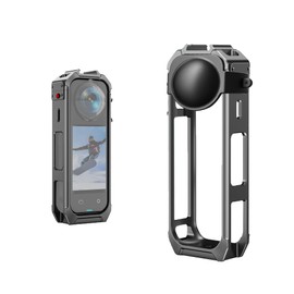 Aluminum Protective Cage for Insta360 X5, Multifunction Utility Frame Case with Quick Release Safety Lock, Features Cold Shoe Mounts and 1/4" Screw Various Expansion Mounts, Silicone Lens Protector