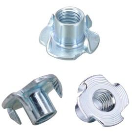 1/4"-20 T-Nuts (100 Pack),4 Pronged Tee Nuts for Wood, Rock Climbing Holds, Cabinetry (Carbon Steel, 1/4"-20)
