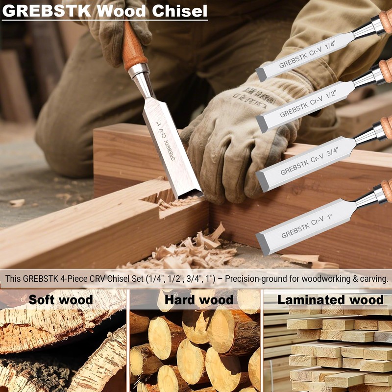 GREBSTK 4 Pcs Wood Chisel Set, CRV Steel Bevel Sharp
