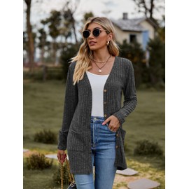 Famulily Long Cardigan for Women UK, Solid Color Rib Knitted Lightweight Outerwear Sweater with Pockets (M, Dark Grey)